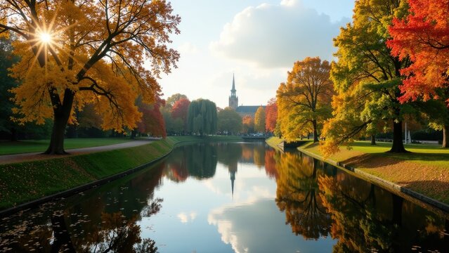 A serene lake scene surrounded by trees in a peaceful park environment, suitable for outdoor activities or travel photos
