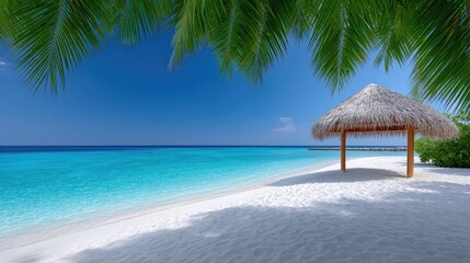 Tropical Beach Cabana Overlooking Turquoise Ocean With White Sand and Lush Green Palm Leaves Framing the Scene Under a Clear Blue Sky