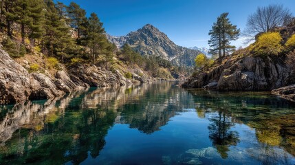 Fototapeta premium Serene Mountain Lake Surrounded by Lush Greenery and Rocky Cliffs on a Clear Sunny Day