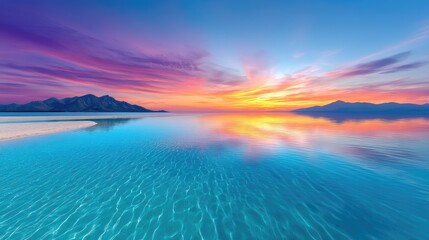 Vibrant Tropical Seascape At Sunset With Dramatic Colorful Sky Reflecting In Calm Ocean Water Distant City Skyline Visible On The Horizon Under Bright Sunlight