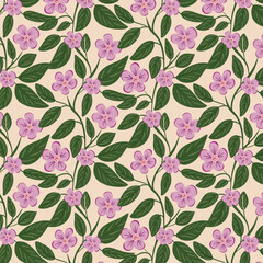Seamless pattern with hand-drawn purple flowers, dark green leaves, and swirling vines. A cheerful, organic, and lush botanical design that captures the rustic cottagecore trend.