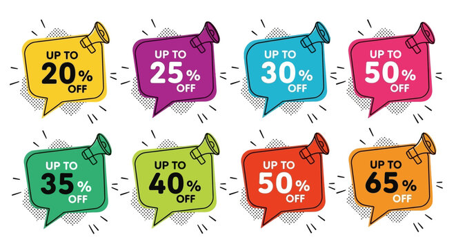 Various percentage discount offers displayed in colorful speech bubbles with megaphone icons