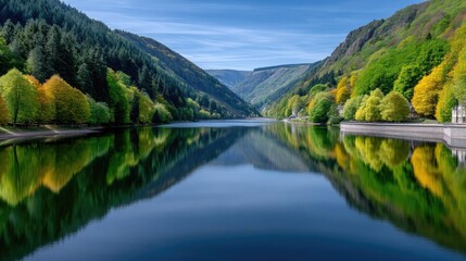 Serene Reservoir Reflecting Autumn Forested Hills Under a Clear Blue Sky with Sunlight Illuminating Vibrant Yellow and Green Foliage