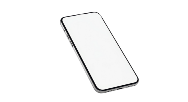 Sleek Smartphone Display: Modern smartphone with a blank, bright display, perfect for showcasing apps or designs. The elegant form and crisp screen highlight the device's contemporary style.