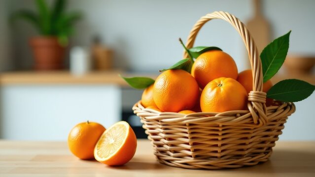 A basket filled with oranges sits on top of a wooden table