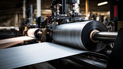 Fototapeta premium Industrial Printing Machine in Action with Large Roll of Paper Being Processed in Modern Manufacturing Facility