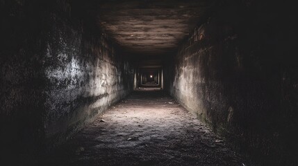 Obraz premium A long dark tunnel with rough concrete walls and a distant point of light.