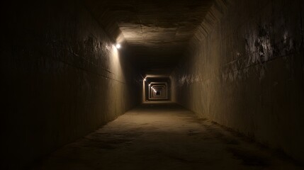 A long dark tunnel with rough concrete walls and a distant point of light.