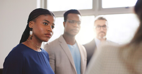 Attention, conversation and meeting with business people in office together for feedback or review....