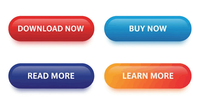 Set of four colorful glossy web buttons for call to action user interface. Vector illustration of download, buy, read, and learn more icons for website design pixel graph elements