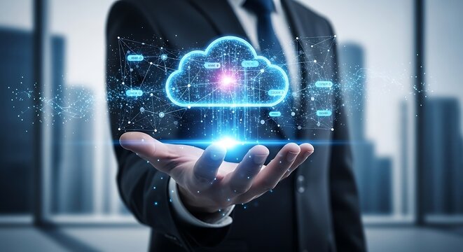 Cloud Computing Technology - Businessman Holding Digital Cloud Icon in Hand.