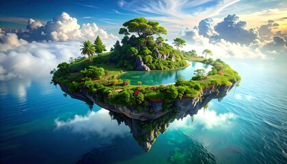 A surreal island floats above a sea of clouds. Lush greenery and a serene lake adorn its surface, under a bright sky