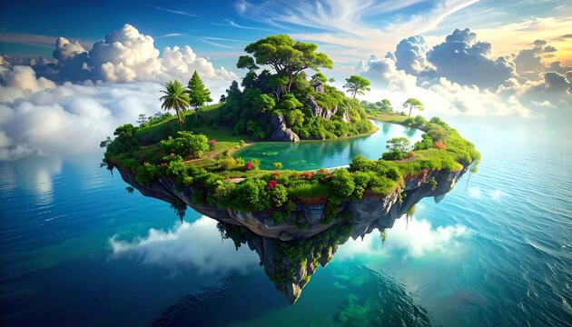 A surreal island floats above a sea of clouds. Lush greenery and a serene lake adorn its surface, under a bright sky - Powered by Adobe