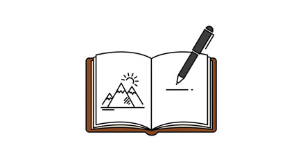 Open Notebook with Mountain Landscape Drawing and Pen, Concept of Creativity and Journaling