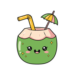 Cute Coconut Drink Icon — Tropical Summer Refreshment Cartoon Vector