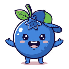Obraz premium Cute Blueberry Character Icon — Kawaii Fruit Mascot Cartoon Vector