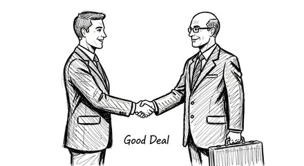 Two executive professionals in a stylized sketch finalize a strategic business agreement with a firm handshake, signifying a successful partnership and collaborative success