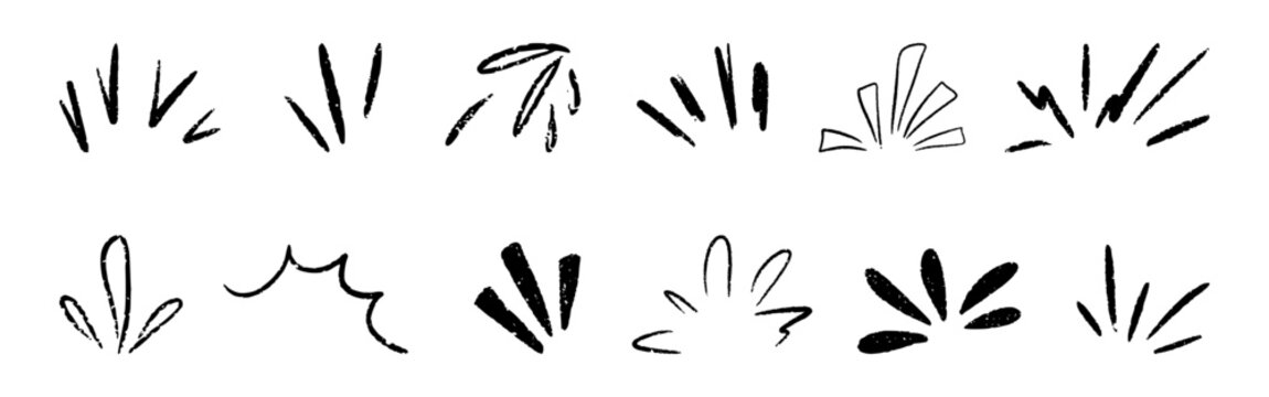 Comic twinkle line with manga effect doodles. Twinkle element with surprise burst and sparkle ray. Hand drawn sunburst, shine and chalk highlight for attention exclamation mark. Vector illustration