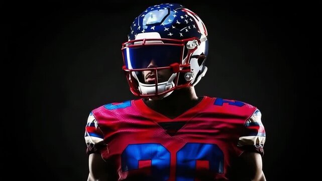 African American football player in helmet on dark studio background, symbolizing strength, competition, and championship spirit in professional sport.