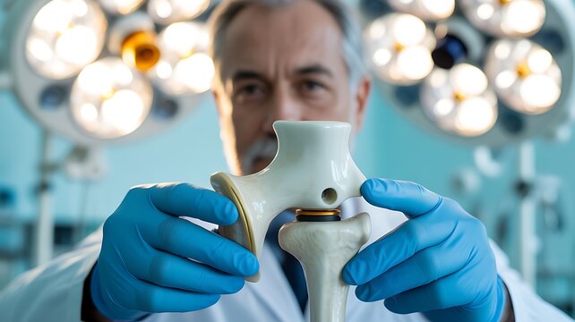 Surgeon holding a prosthetic knee joint model in operating room