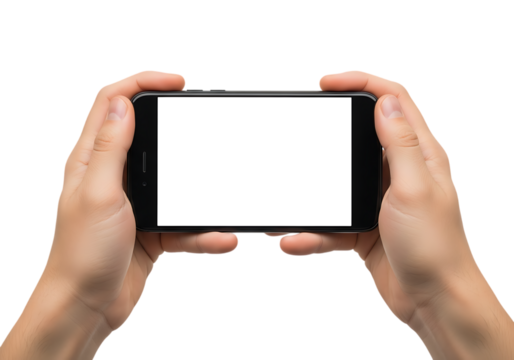 Hands holding a black smartphone with a blank white screen on transparent background