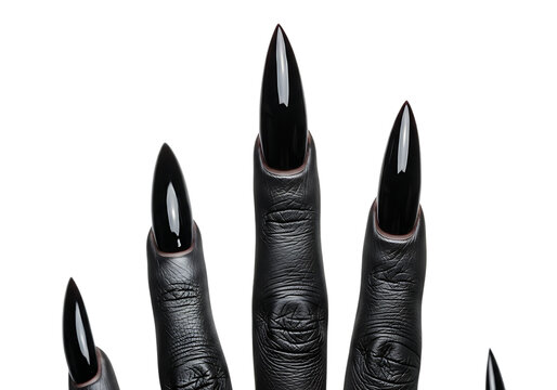 Dramatic long black stiletto nails on a hand realistic depiction on transparent background