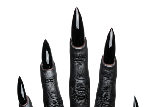 Dramatic long black stiletto nails on a hand realistic depiction on transparent background