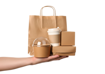 Hand holding takeout food in paper bags on transparent background