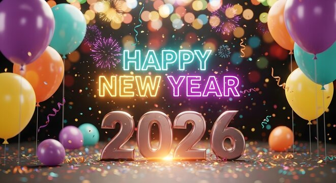 Happy new year 2026 with balloons and bokeh lights celebration