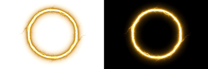 Dual glowing golden rings, one on a pristine white background and the other on a stark black background, symbolizing light, energy, and digital technology for mystical or futuristic designs