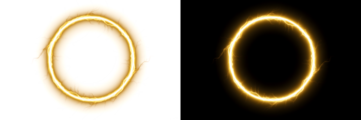 Dual glowing golden rings, one on a pristine white background and the other on a stark black background, symbolizing light, energy, and digital technology for mystical or futuristic designs
