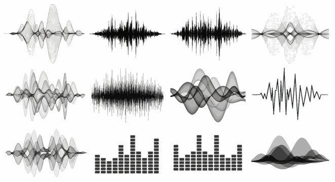 Collection of stylized sound wave visualizations and audio spectrum analysis graphs