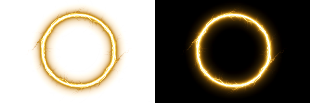 Dual glowing golden rings, one on a pristine white background and the other on a stark black background, symbolizing light, energy, and digital technology for mystical or futuristic designs - Powered by Adobe