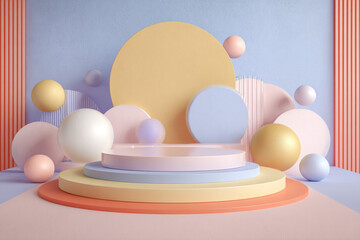 A vibrant pastel abstract composition featuring geometric spheres and circular podiums against a light blue textured wall with striped accents perfect for product display