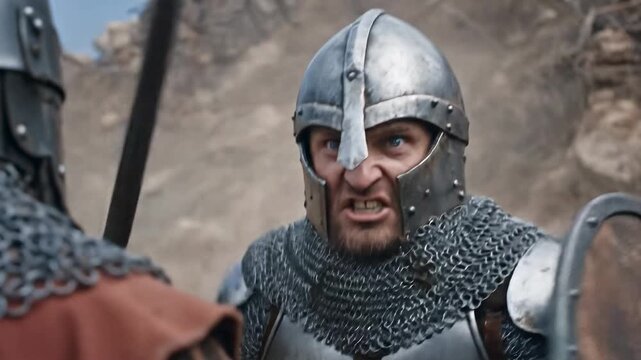 Two armored warriors engage in a fierce confrontation, showcasing intense emotions and determination against a rugged landscape. Tensions rise as they prepare for battle.