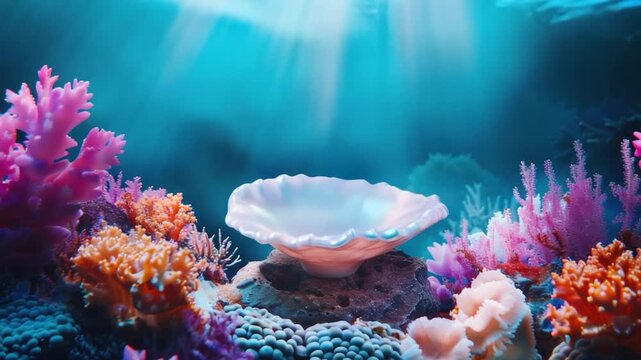 Video Underwater scene with a clam shell surrounded by coral and marine life