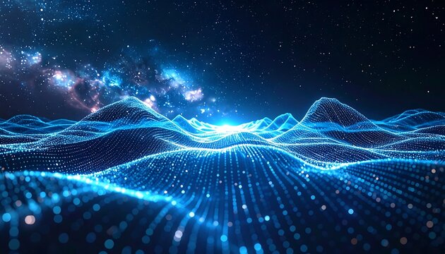 Abstract blue digital landscape with glowing particles and cosmic background.