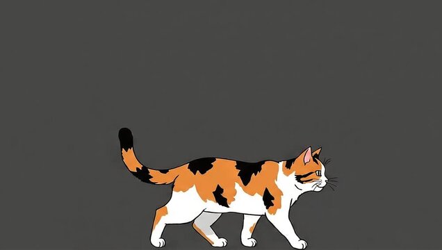 Calico Cat Walking Gracefully Across a Minimalist Dark Gray Background.