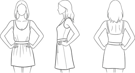 Female fashion figure line art front side and back view, woman dress model sketch outline for fashion design illustration reference.