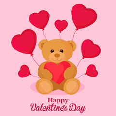 Happy Valentine's day cute card with bear toy and red heart balloons vibrant romantic illustration