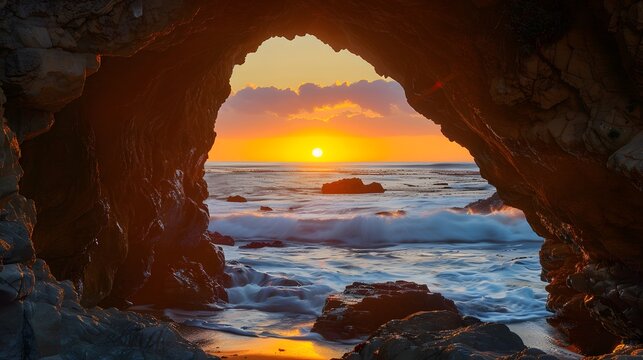 Sunset View Through a Natural Coastal Rock Archway With Warm Golden Light Illuminating the Ocean Horizon Through a Rugged Stone Portal and Soft Evening Sky arch in the cave