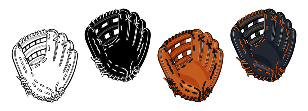 simple classic various leather baseball softball glove mitt cartoon vector set on transparent background