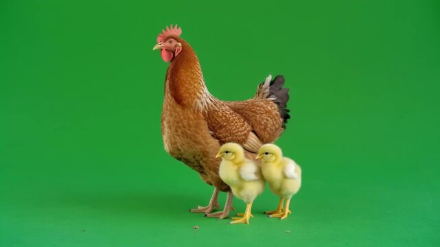 Mother hen with two fluffy chicks on a green screen