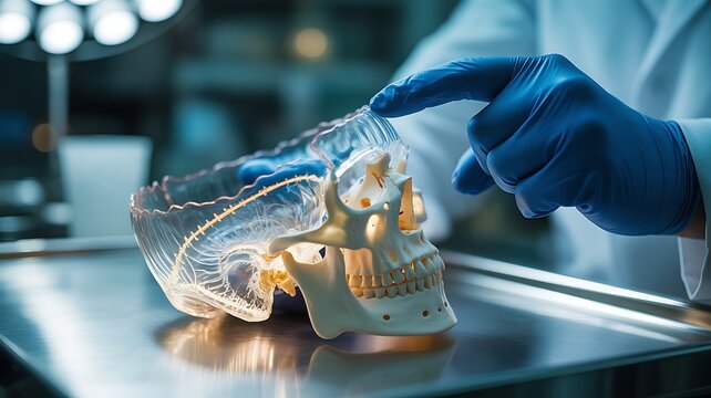 Forensic scientist examining a 3d printed skull model in lab