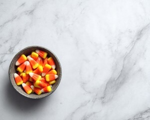 Candy corn in gray ceramic bowl