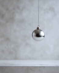 Silver christmas ornament hanging from string