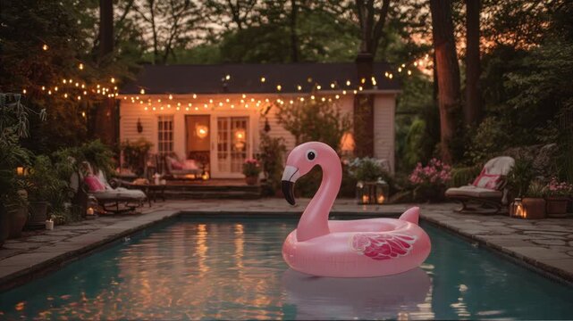 Pink inflatable flamingo floats in a pool at dusk, lights twinkle around a house, creating a cozy scene