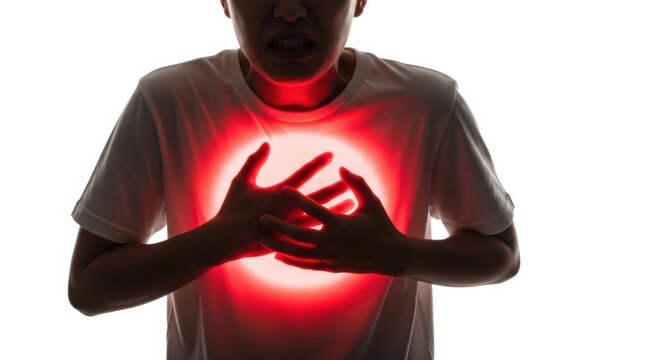 Severe Chest Pain: Silhouette of a Person Clutching Their Chest with a Red Glowing Heart Area Signaling Pain, Heart Attack, and Health Emergency
