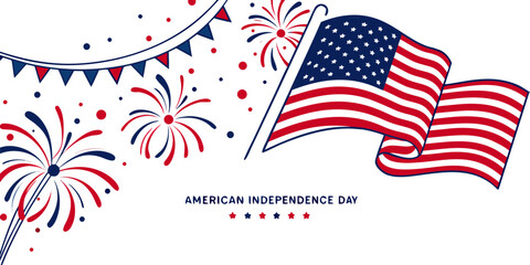 Obraz premium Stylish Fourth of July celebration design with flag, fireworks, and stars, elegant 3D vector illustration in red, white, and blue.