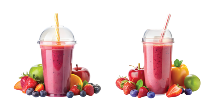 Transparent Smoothie Bottle with Straw: Clear plastic smoothie bottle filled with fruit smoothie, straw inserted, fresh and colorful presentation, PNG style.
